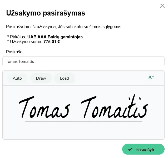 Užsakymo pasirašymas